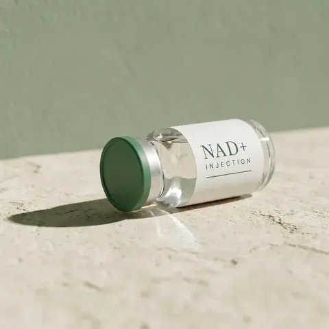 Stylized vial labeled NAD plus injection
