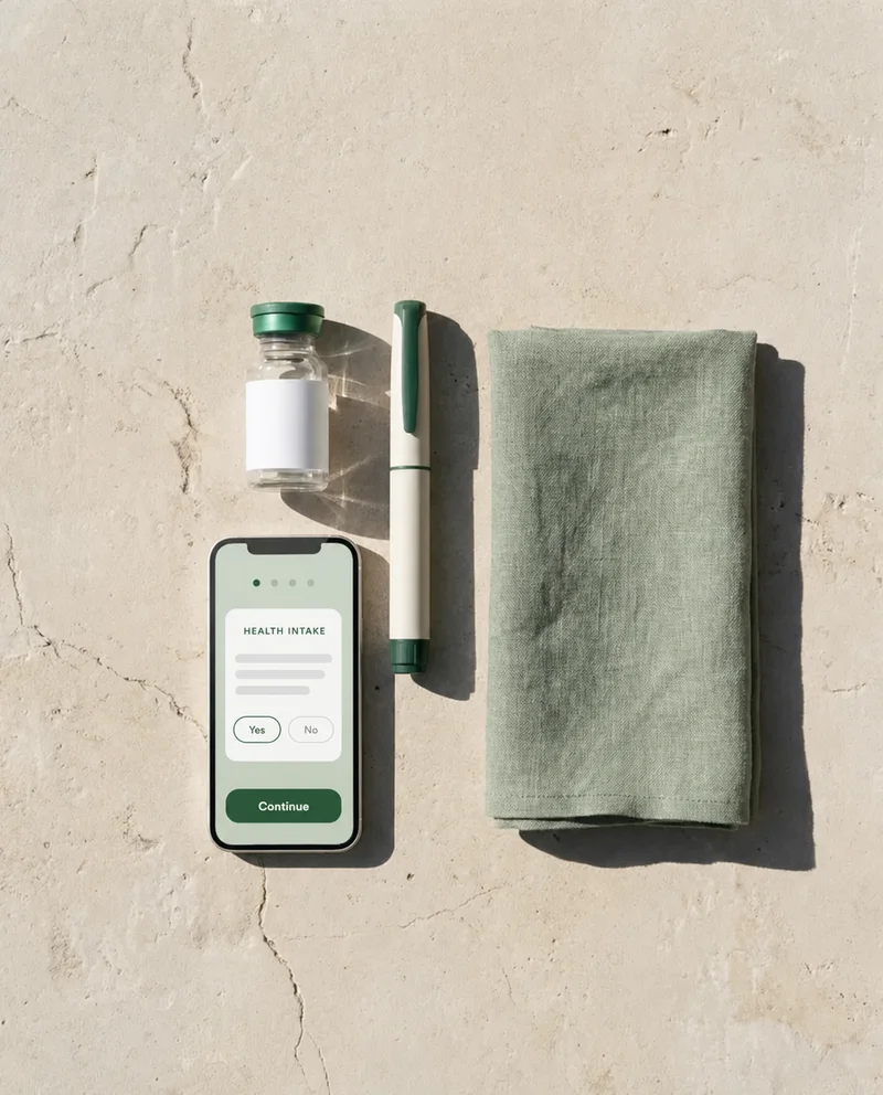 Flat lay of a stylized vial, injector pen, phone showing a generic health intake screen, and folded linen on limestone